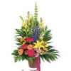 Bright colored arrangement with lilies, amaranthus, Bells of ireland, roses, carnations, daisies