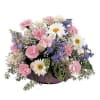 Memorial arrangement with carnations, daisies, delphinium, babies breath and seeded eucalyptus