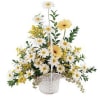 Basket arrangement with daisies, gerbera daisies, solidago and seeded eucalyptus