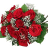 Fresh bouquet of one dozen red roses with added baby&#039;s breath and