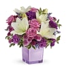 Lavender roses, white asiatic lilies, purple carnations, lavender carnations, purple button spray