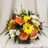 Bright and sunny floral arrangement in a glass cube with roses, daisies