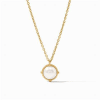 A faceted gemstone enhanced with four golden beads, dangling from a delicate