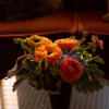 A small arrangement of warmer toned seasonal flowers and soft texture, such