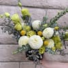 Crisp, clean and cool. Perfectly bloomed white Ball Dahlia are floating and