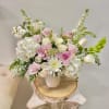 
Product Information
Theme Colors: Shades of white, &amp; pink.

Featured Blooms: Roses, Stock, Alstroemeria