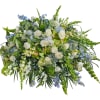 A soft blue, white and green casket spray using hydrangea,delphinium,snap dragons, belles