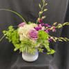 white ceramic, white hydrangea, lavender roses, dianthus, lily grass bluperum and greens