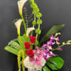 White ceramic filled with white hydrangea, red roses, bells of irleand, cymbidium