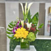 Sunshine Flower Arrangement Bouquet: 6x6 Vase Cluster roses, hydrangeas, orchids, and callas