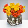 Yellow and orange roses come together for a fun and fresh arrangement.