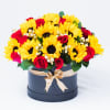Box of 12 Sunflowers and 18 Red Roses with Gold Berries and
