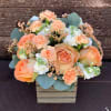 Arrangement of peach roses and seasonal white flowers and greenery in a