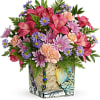 High-flying style
Dark pink alstroemeria, miniature pink carnations, small purple monte cassino asters