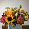 Lillie&rsquo;s,roses, snaps and sunflowers arranged in a white box