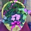 Green plants and an African violet adorned with butterflies in a colorful