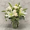 All White elegant bouquet with lilies, white delicate roses, tall snap dragons