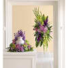 Soft lavender and green blooms to surround the urn, like a peaceful