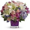 Hello, gorgeous! This bouquet includes purple hydrangea, light pink spray roses and