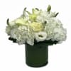 (44) All white elegant arrangement in low clear glass. Perfect gift for
