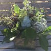 Assorted greenery such as dusty miller, eucalyptus, salal, berries in a wooden