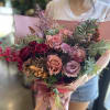 Flowers: purple moon roses, amnesia roses, barista roses, mauve scabiosa, mauve lisianthus