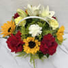 Buyer will receive a basket with red roses and sunflowers 
