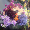 A vase arrangement with several assorted flowers.  (luxurious flowers included) 