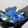 White tulips paired with vivid blue baby&rsquo;s breath, wrapped in matte black