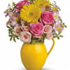 Includes pink roses, yellow gerbera daisies and alstroemeria. Delivered in a Sunny