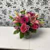 PINK LILIES, Pink Roses, Hot Pink  Gerberas, Pink statice, green bottons