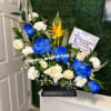 BLUE AND WHITE FUNERAL ARRANGEMENT BASE