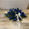 CASKET ONLY BLUE ROSES AND GREEN RUSCUS