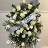 STAN FUNEBRE WITH VARIETIES OF WHITE FLOWERS, RIBBON CAN BE PERSONALIZED WITH