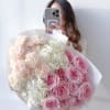 A graceful bouquet combining powder-pink roses, creamy carnations, and snow-white hydrangeas. Vanilla