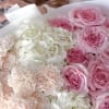 A graceful bouquet combining powder-pink roses, creamy carnations, and snow-white hydrangeas. Vanilla