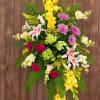 A wonderfully bright mix of gladioli, hydrangea, lilies, mums and more. 