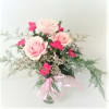 3 pink roses in a clear vase with lovely mini carnations, plumosa