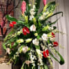 Tropical standing spray of gingers, Anthurium, and other tropical accents