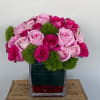 Pink, Hot Pink Roses, green in square glass vase 
