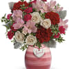 A beautiful bouquet of roses, alstroemieria, carnations and greenery.

Cr&egrave;me spray roses, pink