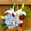 A wrapped bouquet of blue hydrangea, red carnation, white lily and mums.


