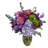 This moody mix of blues, purples, and greens features roses, hydrangeas, delphinium