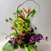 One of our beautiful Ikebana style arrangements made with cymbidium orchids, birds