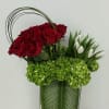 18 Red  roses , green hydrangeas ,  white tulips, and