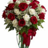 RED AND WHITE ROSES WITH GYPSUM AND GREEN FILLERS