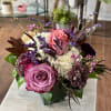 A delightful and fluffy mini arranged in a clear glass vase.