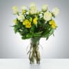 An off white rose and yellow filler flowers  is a great