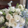 Flowers: white playa blanca roses, white phalaenopsis orchids, white tulips, white spray