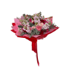 ENGLISH
A stunning hand-tied bouquet wrapped in layers of red and pink, featuring